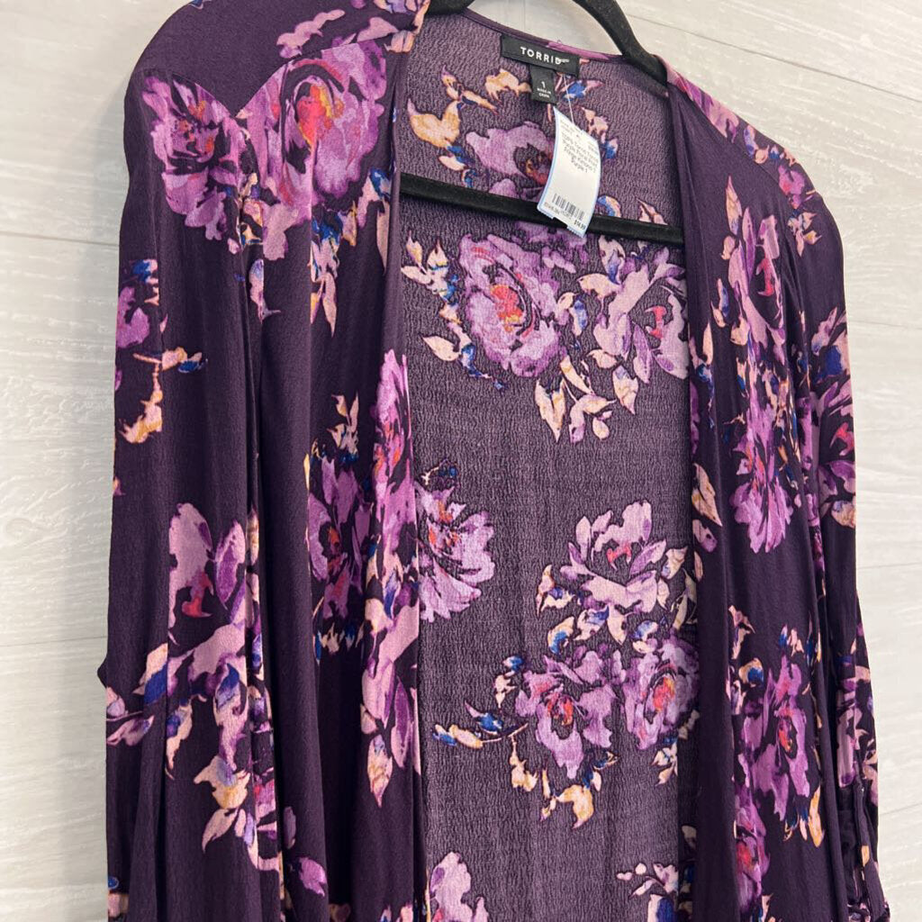 Torrid Purple Floral Print Fringe Kimono 1