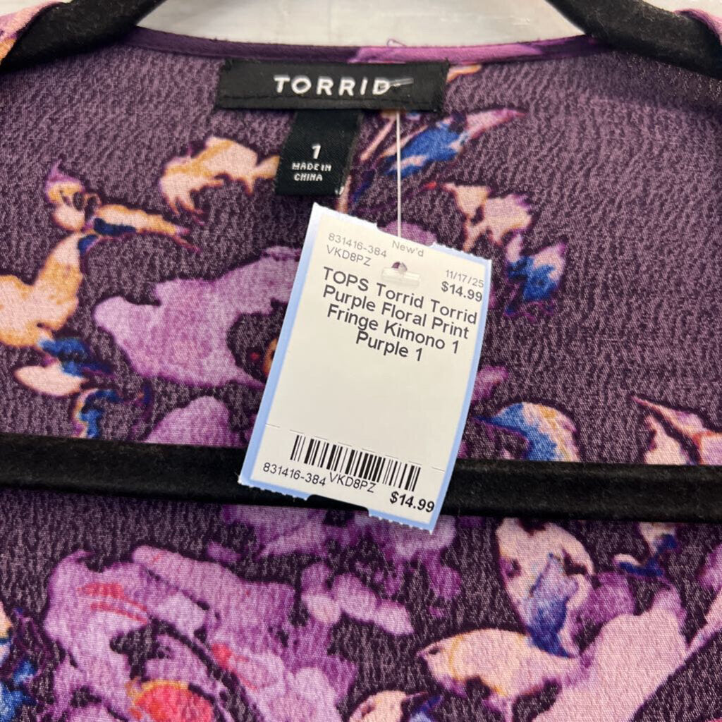 Torrid Purple Floral Print Fringe Kimono 1