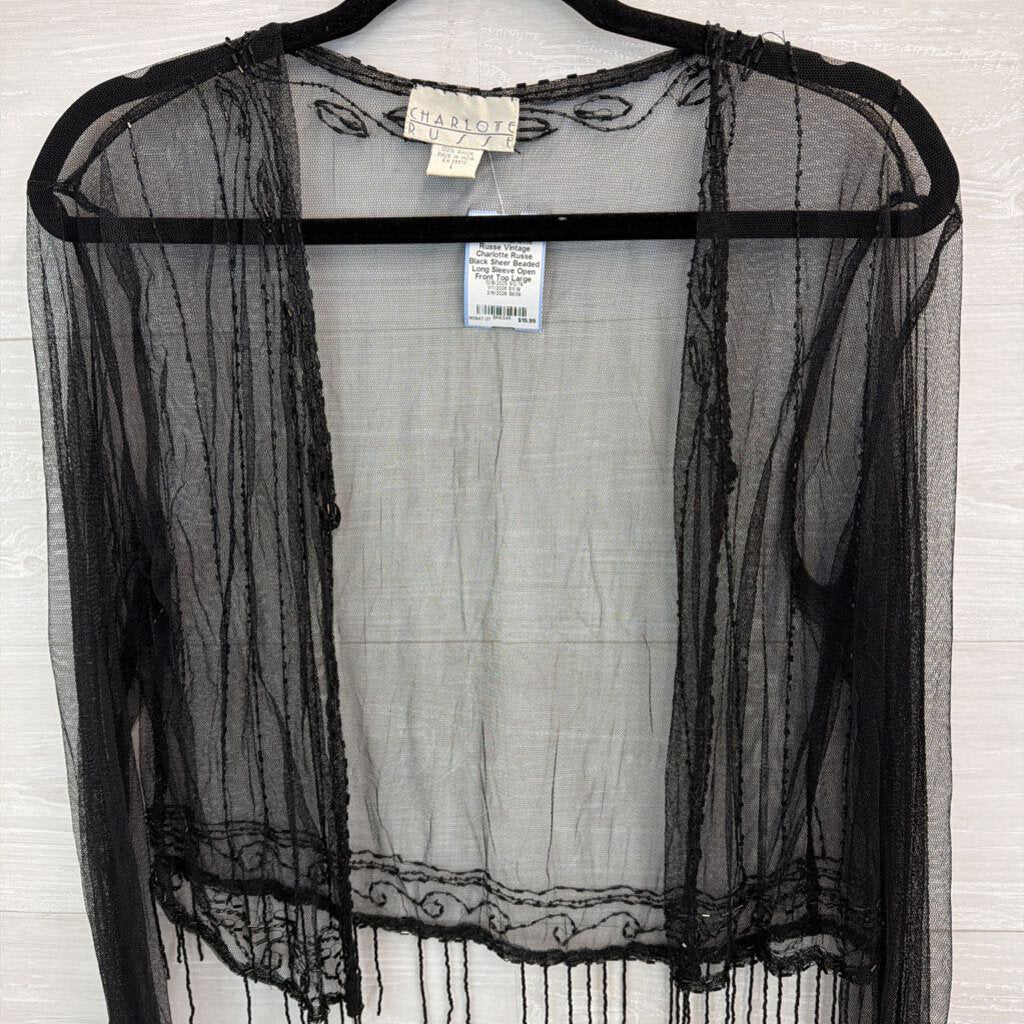 Vintage Charlotte Russe Black Sheer Beaded Long Sleeve Open Front Top Large