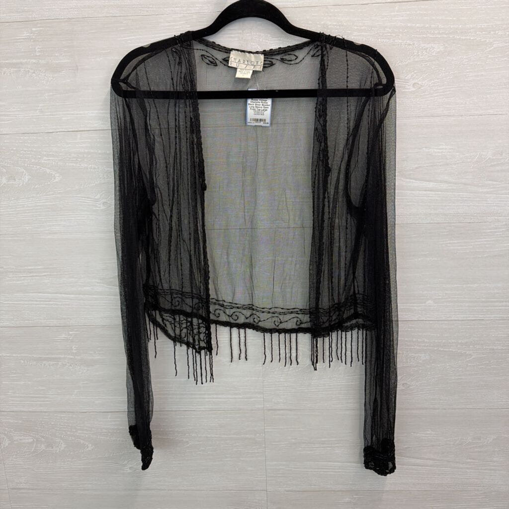 Vintage Charlotte Russe Black Sheer Beaded Long Sleeve Open Front Top Large