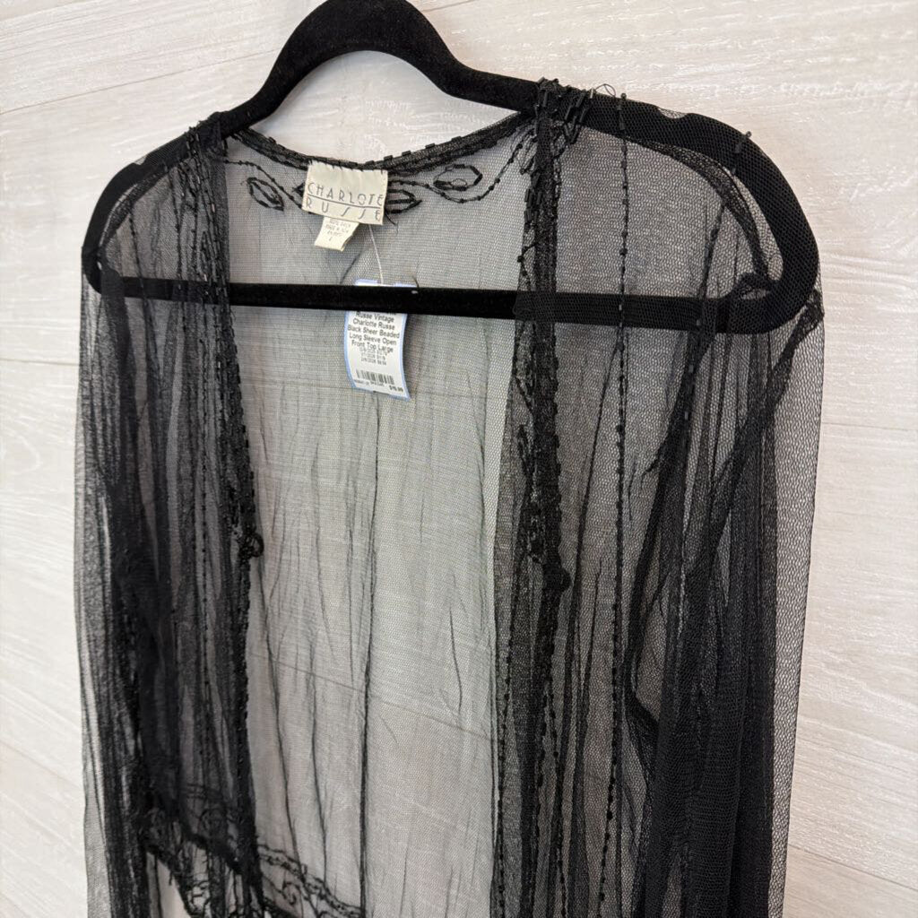 Vintage Charlotte Russe Black Sheer Beaded Long Sleeve Open Front Top Large