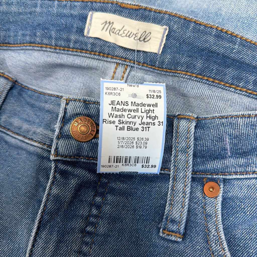 Madewell Light Wash Curvy High Rise Skinny Jeans 31 Tall