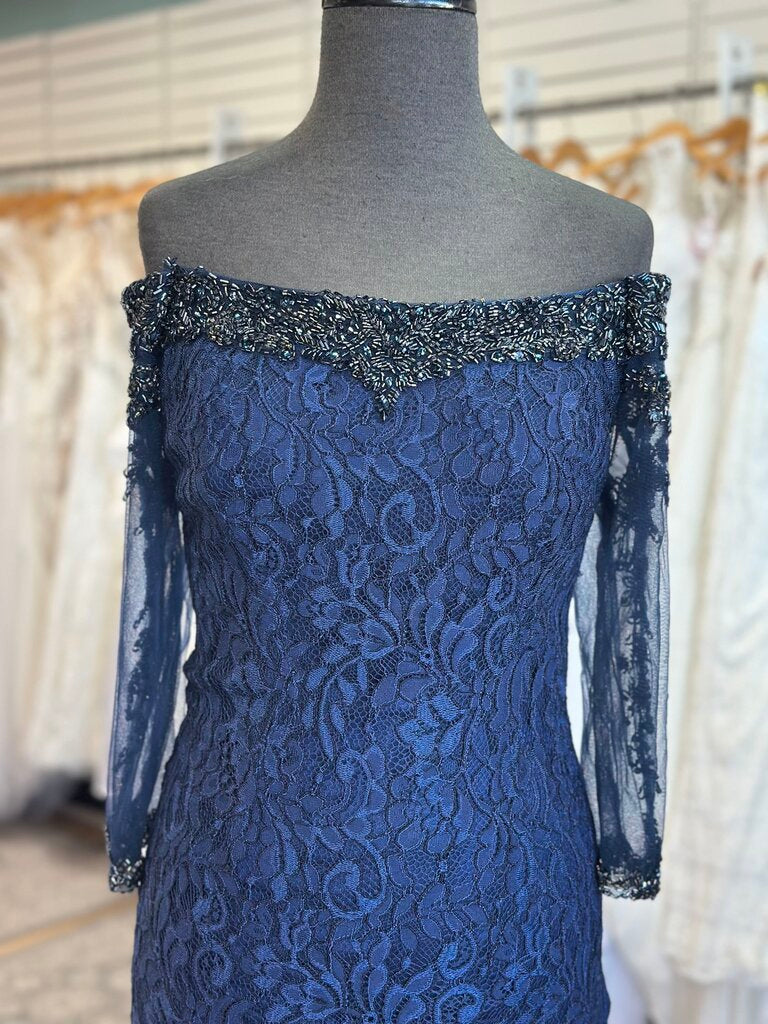 Ivonne D Navy Lace Embellished Back Off Shoulder Long Formal Dress 10