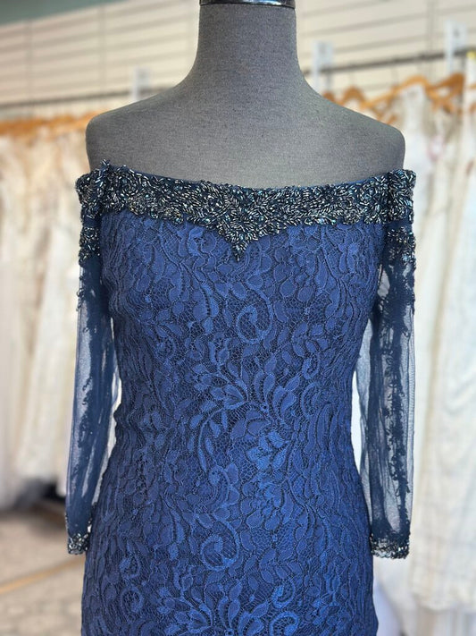 Ivonne D Navy Lace Embellished Back Off Shoulder Long Formal Dress 10