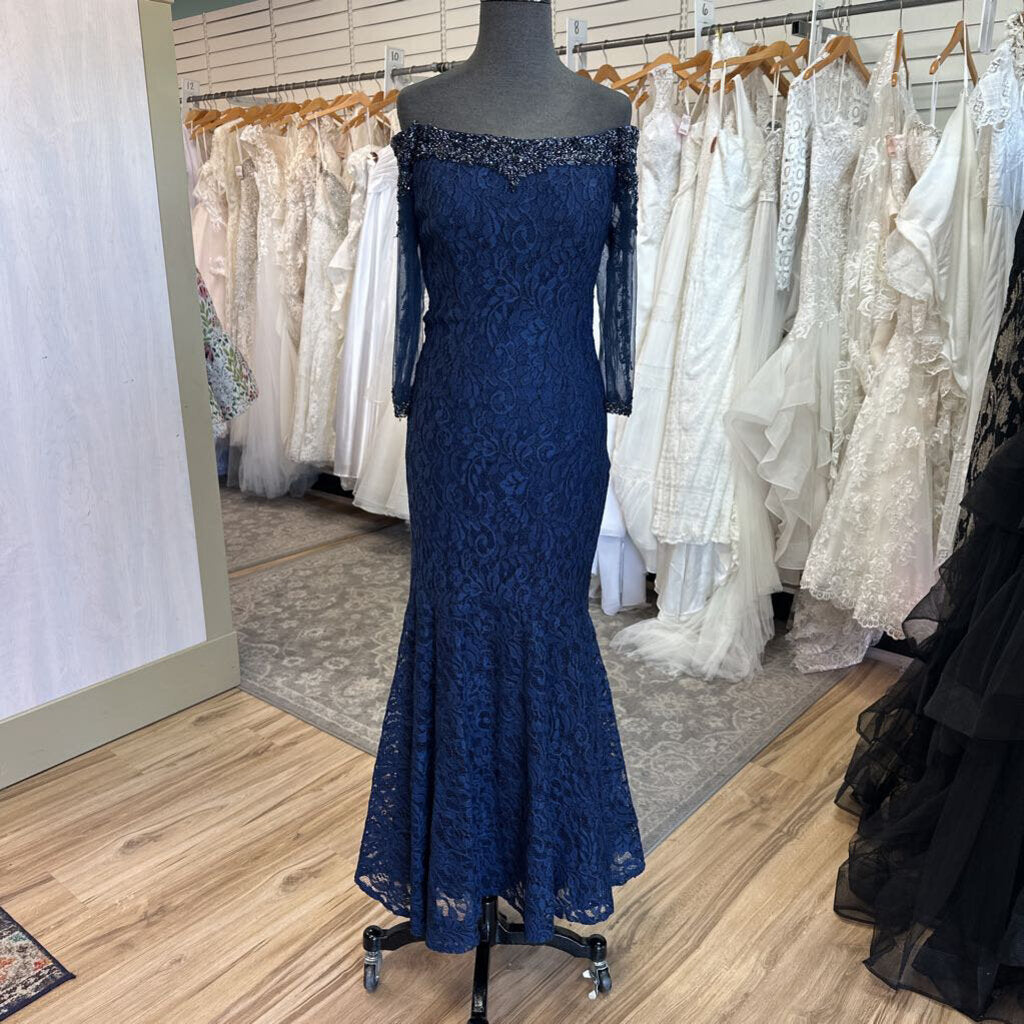 Ivonne D Navy Lace Embellished Back Off Shoulder Long Formal Dress 10