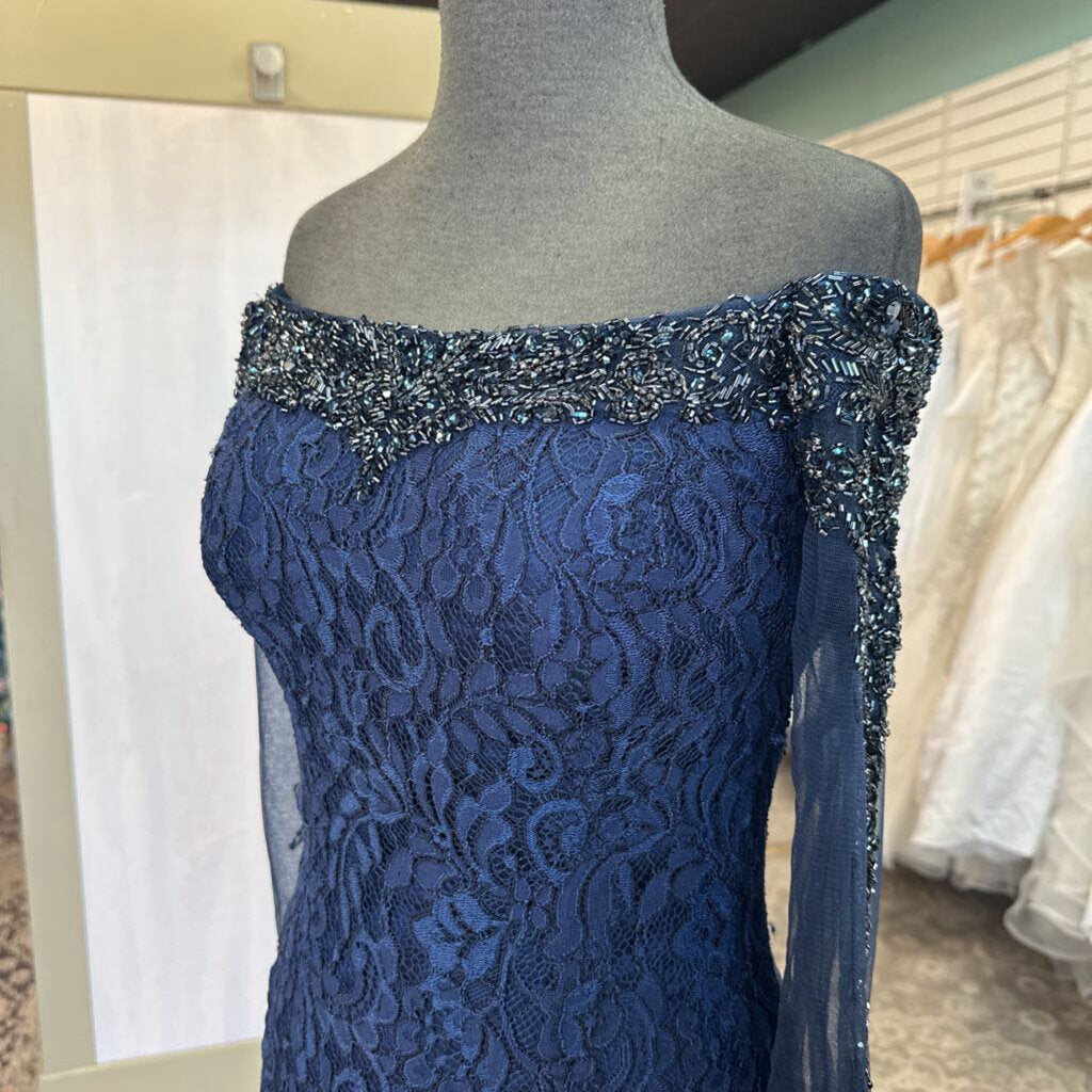 Ivonne D Navy Lace Embellished Back Off Shoulder Long Formal Dress 10