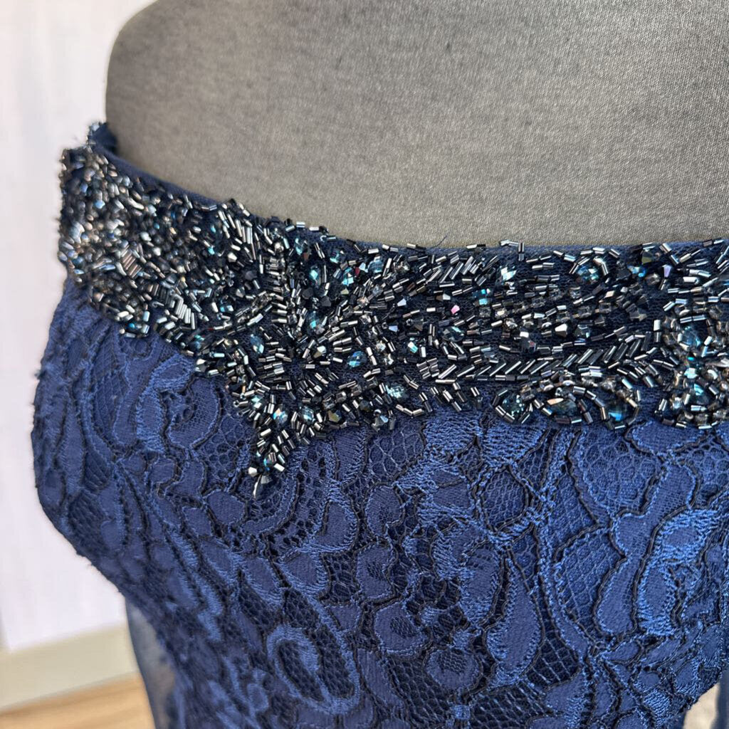 Ivonne D Navy Lace Embellished Back Off Shoulder Long Formal Dress 10