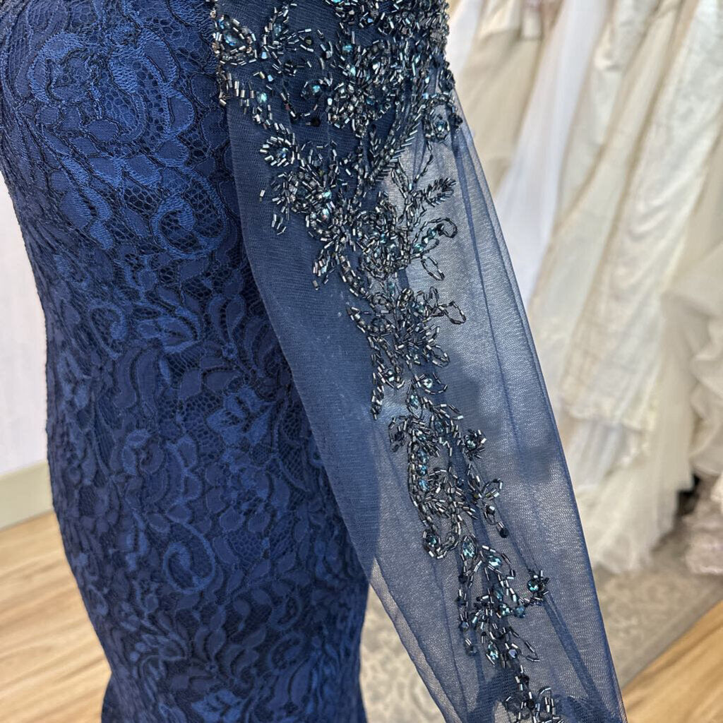 Ivonne D Navy Lace Embellished Back Off Shoulder Long Formal Dress 10