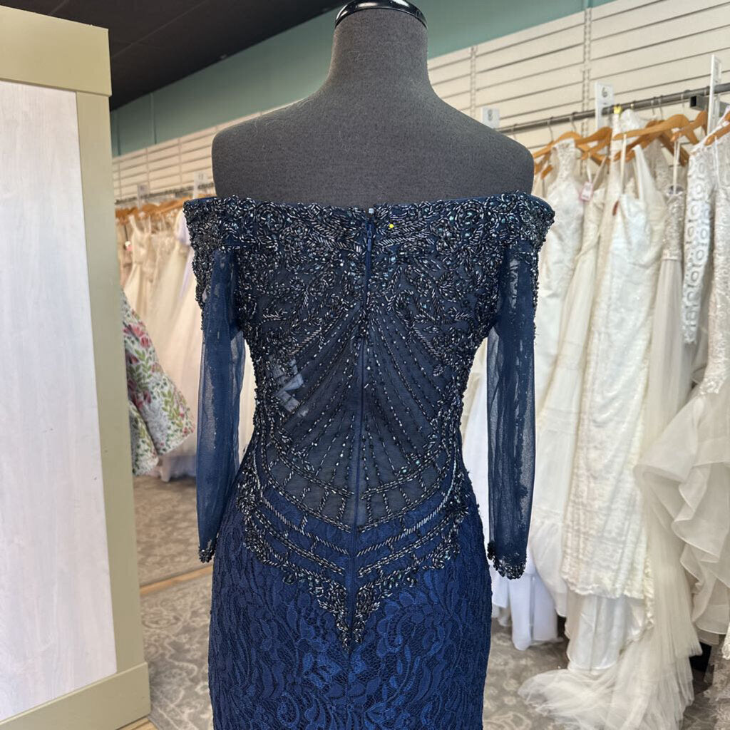 Ivonne D Navy Lace Embellished Back Off Shoulder Long Formal Dress 10