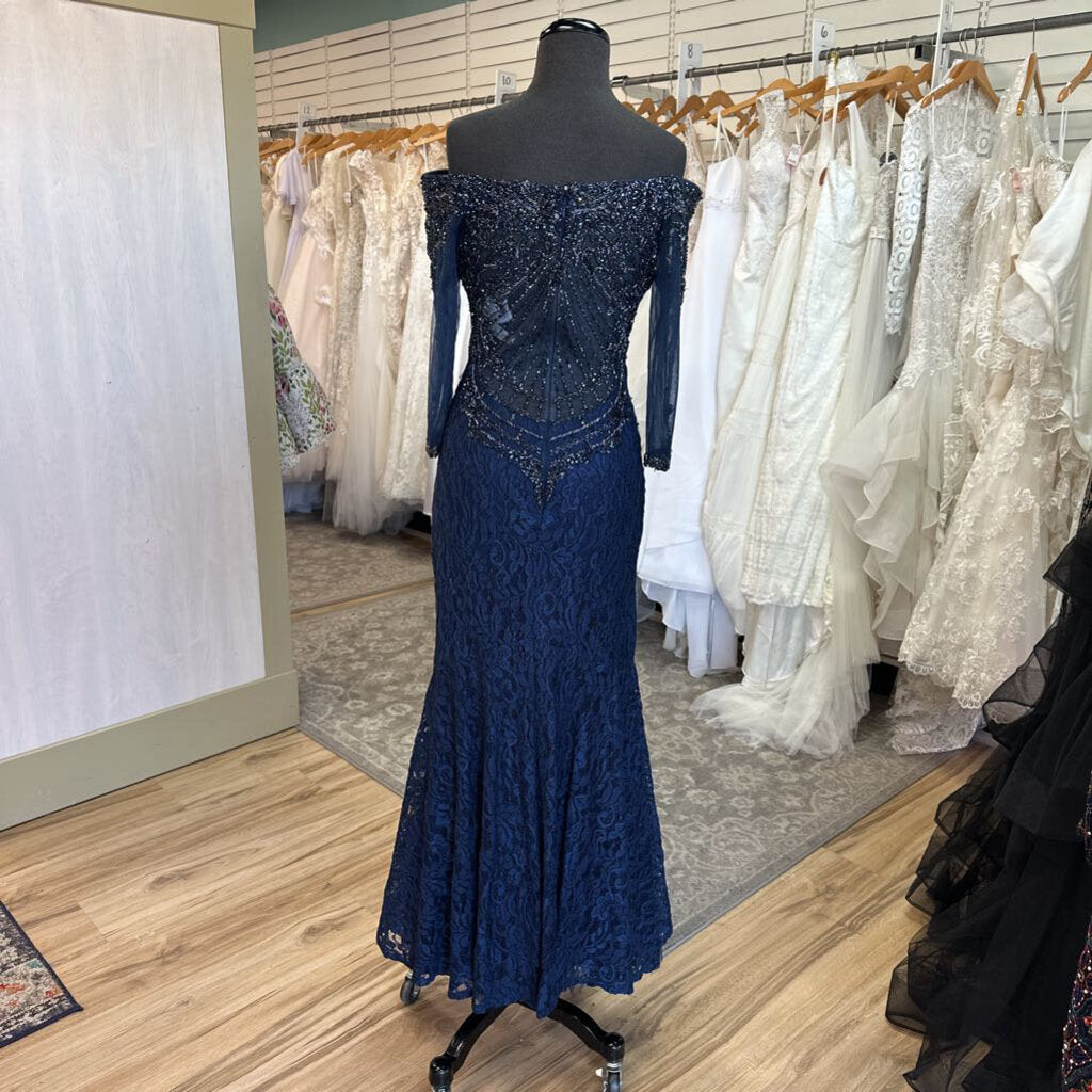 Ivonne D Navy Lace Embellished Back Off Shoulder Long Formal Dress 10