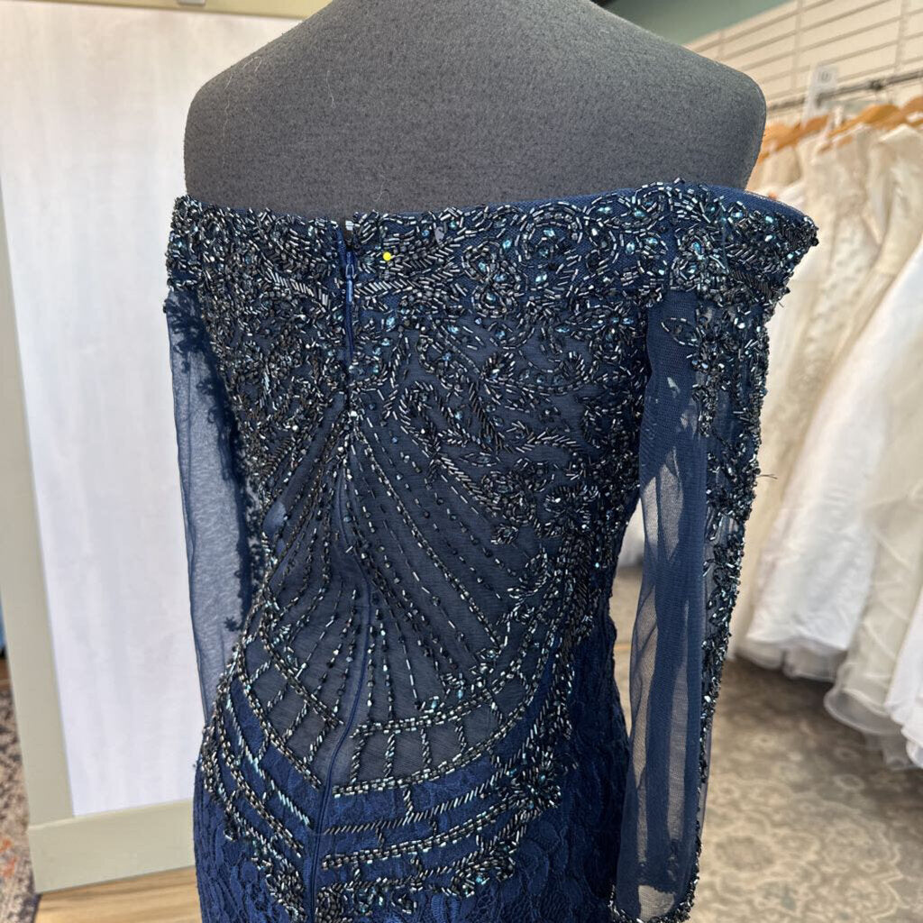 Ivonne D Navy Lace Embellished Back Off Shoulder Long Formal Dress 10