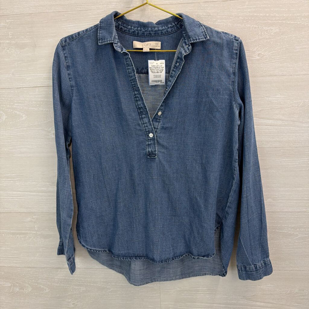 Loft Blue Chambray Half Button Front Long Sleeve Top Small Petite