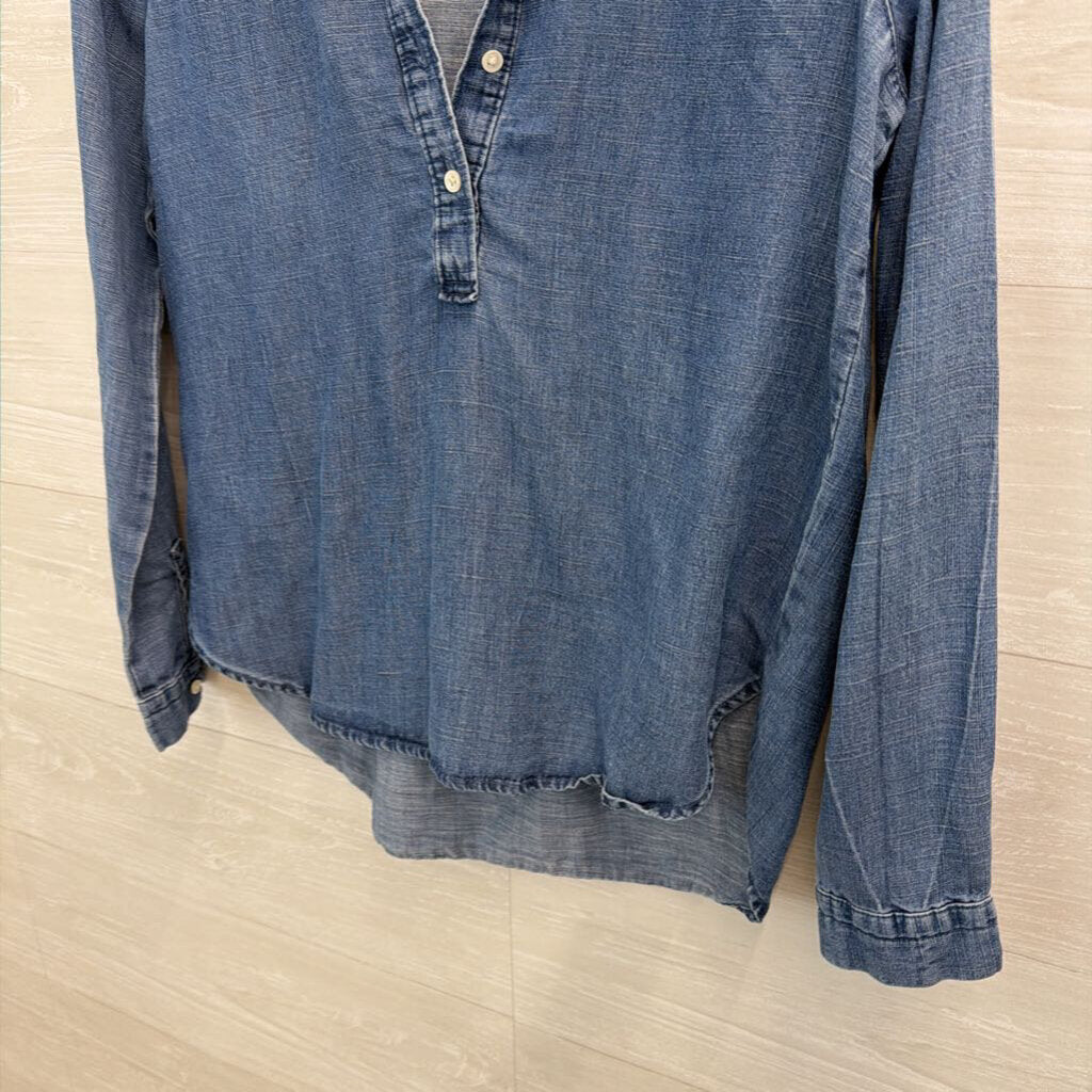 Loft Blue Chambray Half Button Front Long Sleeve Top Small Petite