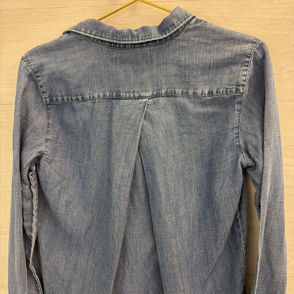 Loft Blue Chambray Half Button Front Long Sleeve Top Small Petite