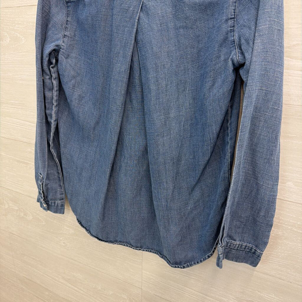 Loft Blue Chambray Half Button Front Long Sleeve Top Small Petite