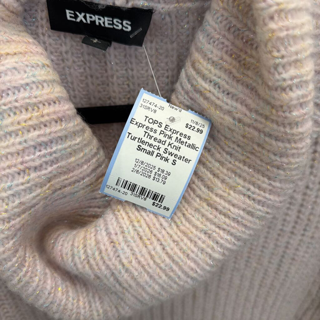 Express Pink Metallic Thread Knit Turtleneck Sweater Small