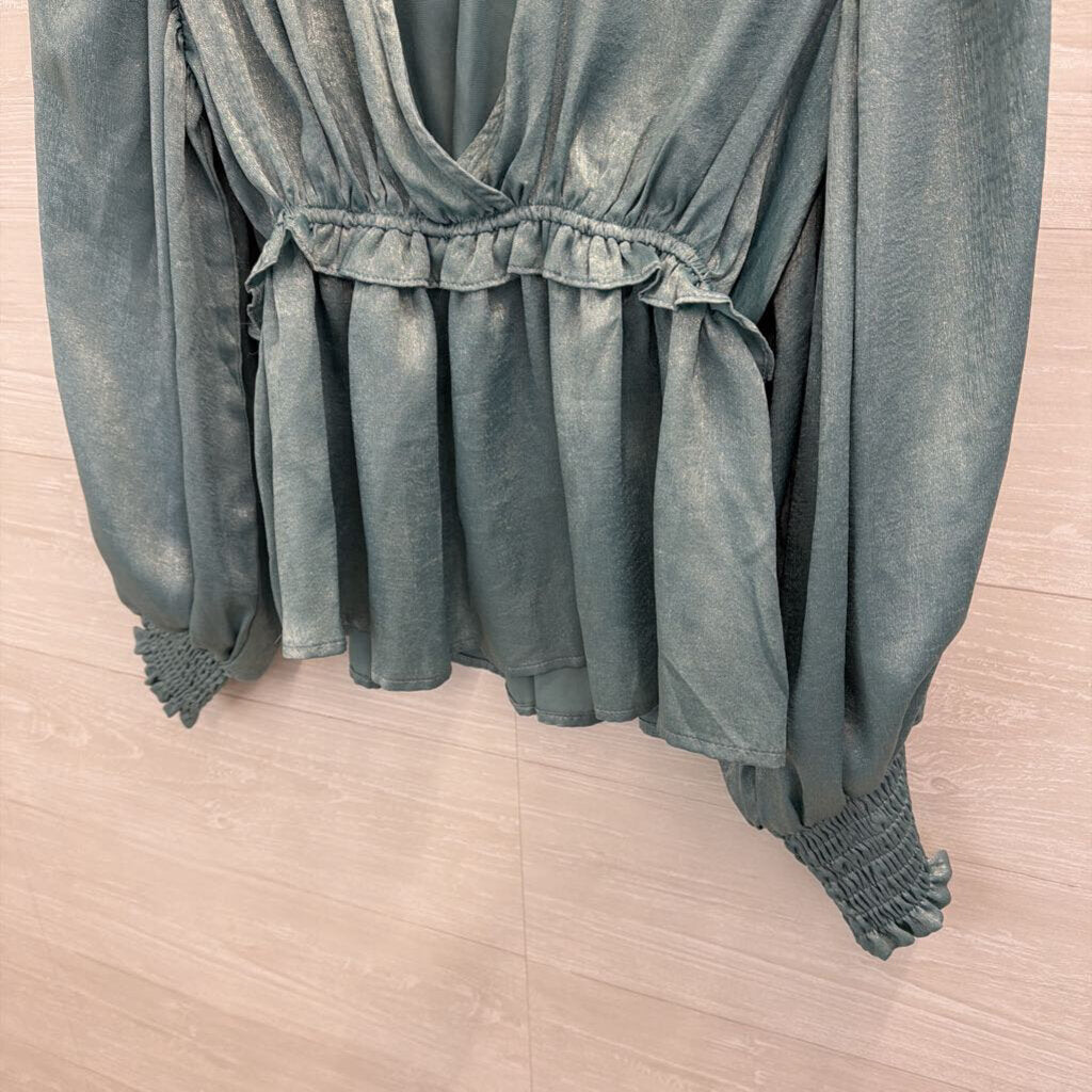 On Twelfth Blue/ Silver Sheen Long Sleeve Top Small