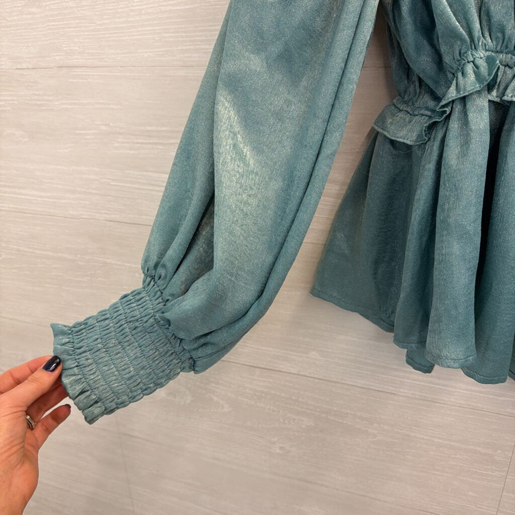 On Twelfth Blue/ Silver Sheen Long Sleeve Top Small