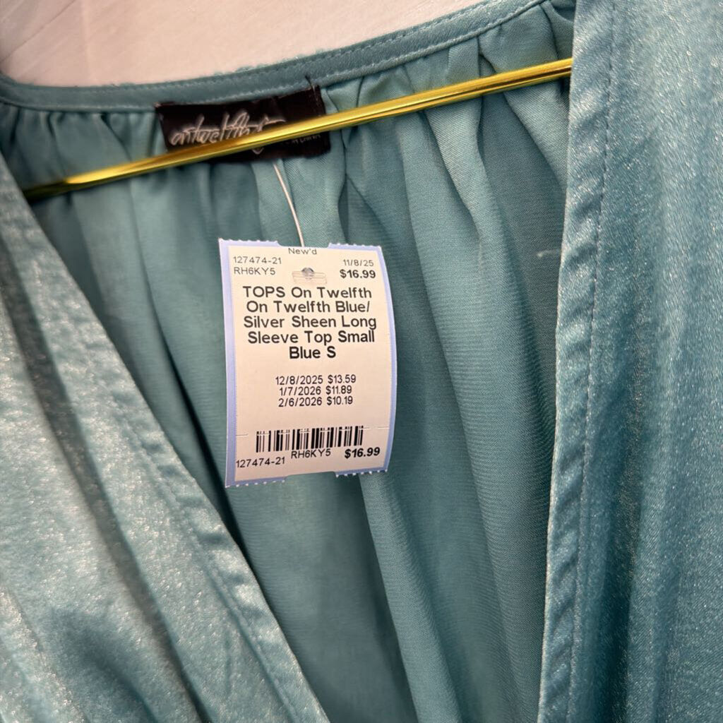 On Twelfth Blue/ Silver Sheen Long Sleeve Top Small