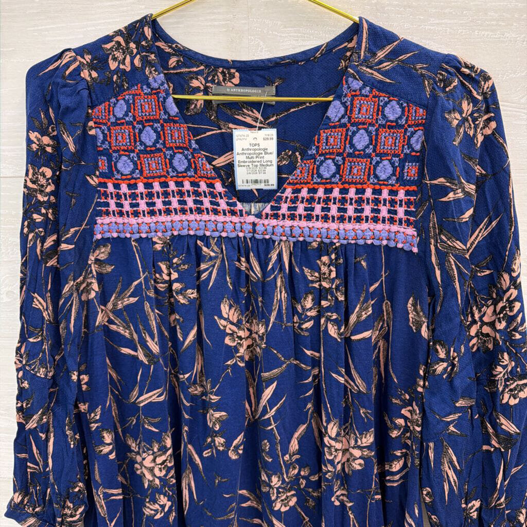Anthropologie Blue/ Multi Print Embroidered Long Sleeve Top Medium