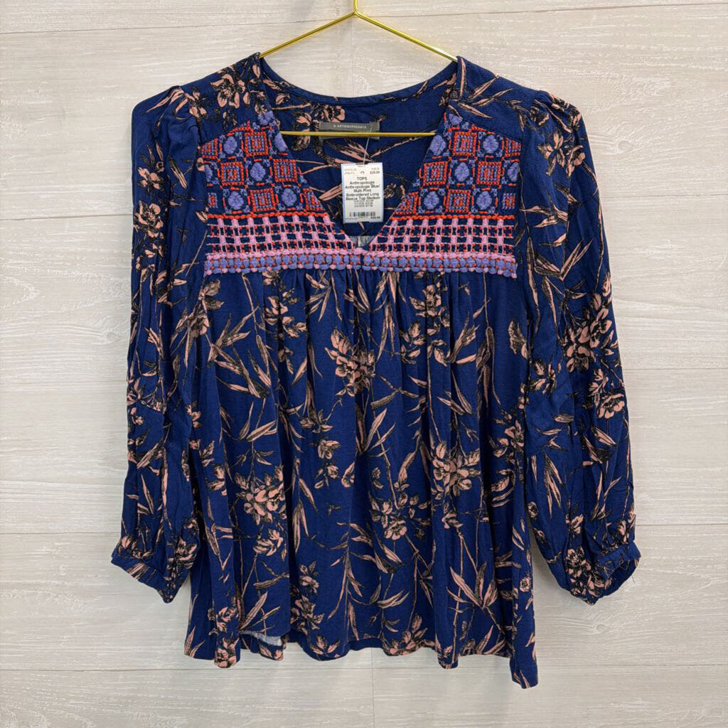 Anthropologie Blue/ Multi Print Embroidered Long Sleeve Top Medium