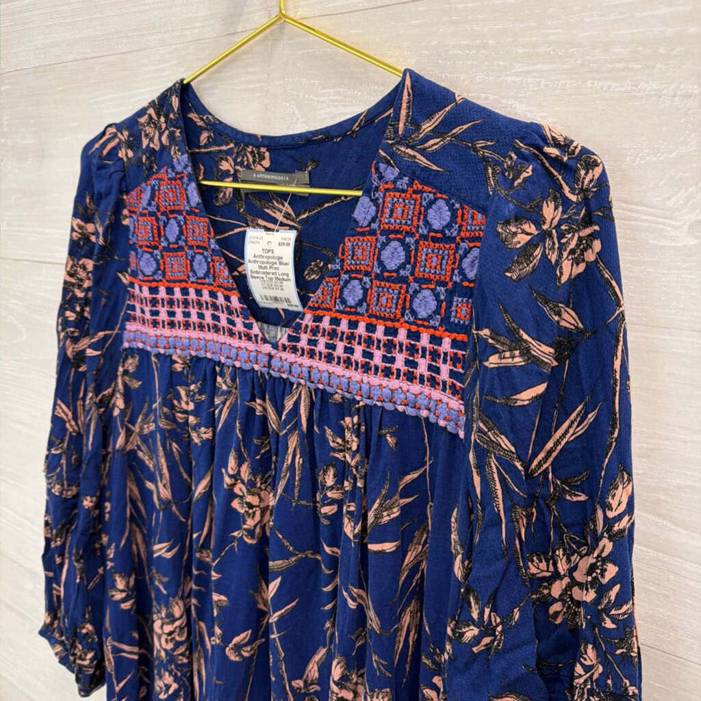 Anthropologie Blue/ Multi Print Embroidered Long Sleeve Top Medium