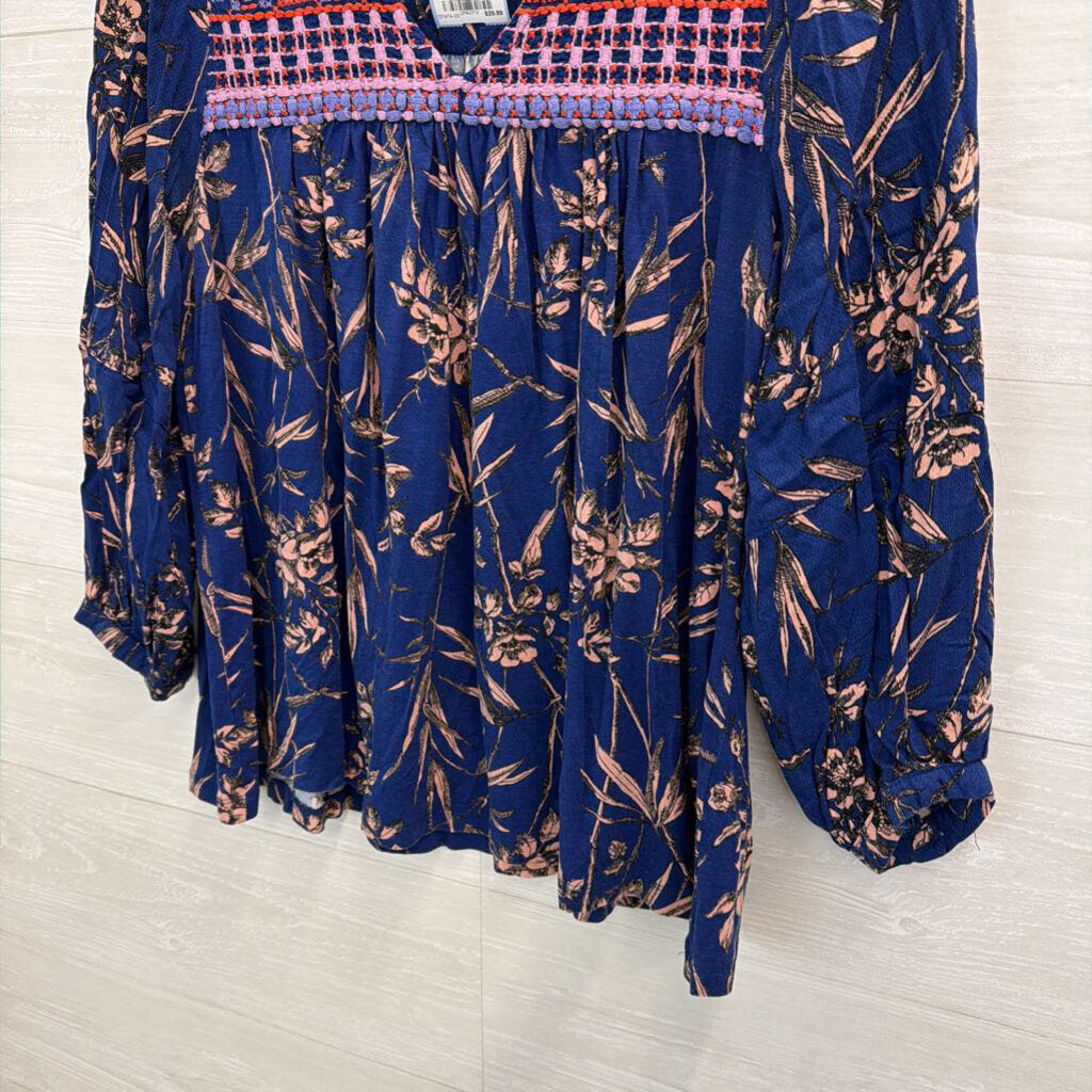 Anthropologie Blue/ Multi Print Embroidered Long Sleeve Top Medium
