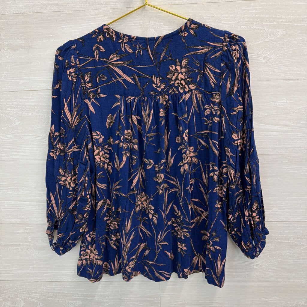 Anthropologie Blue/ Multi Print Embroidered Long Sleeve Top Medium