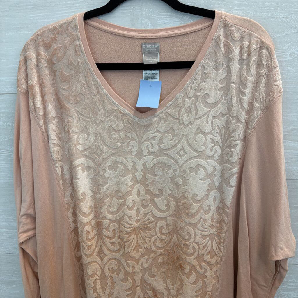 Chicos Pink Velour Print Long Sleeve Top 20/22