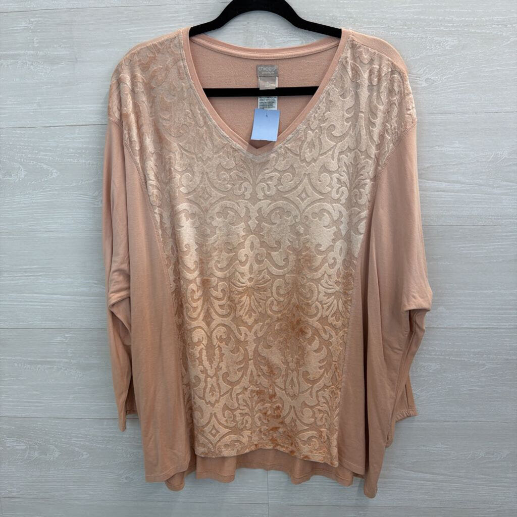 Chicos Pink Velour Print Long Sleeve Top 20/22