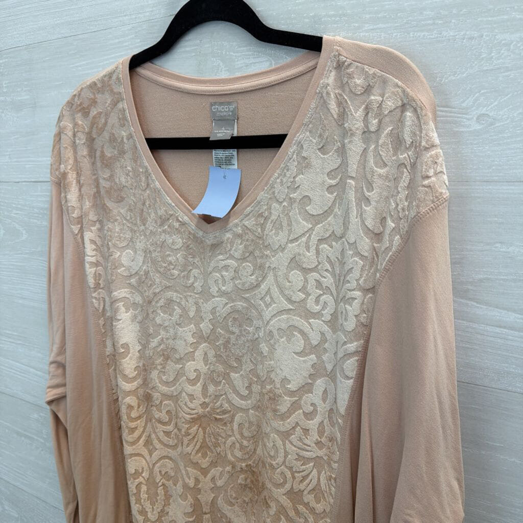 Chicos Pink Velour Print Long Sleeve Top 20/22