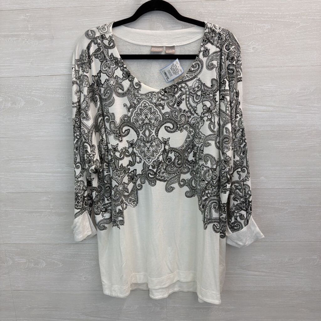 Chicos White/ Black Print Long Sleeve Top 20/22