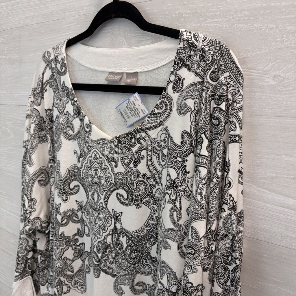 Chicos White/ Black Print Long Sleeve Top 20/22