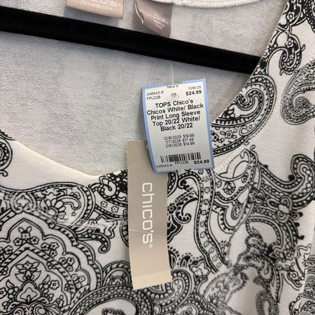 Chicos White/ Black Print Long Sleeve Top 20/22