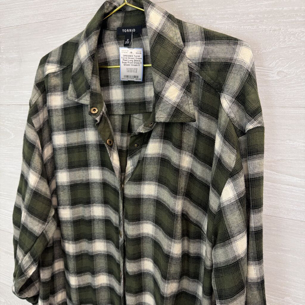 Torrid Green/ Cream Plaid Long Sleeve Snap Front Dress 0