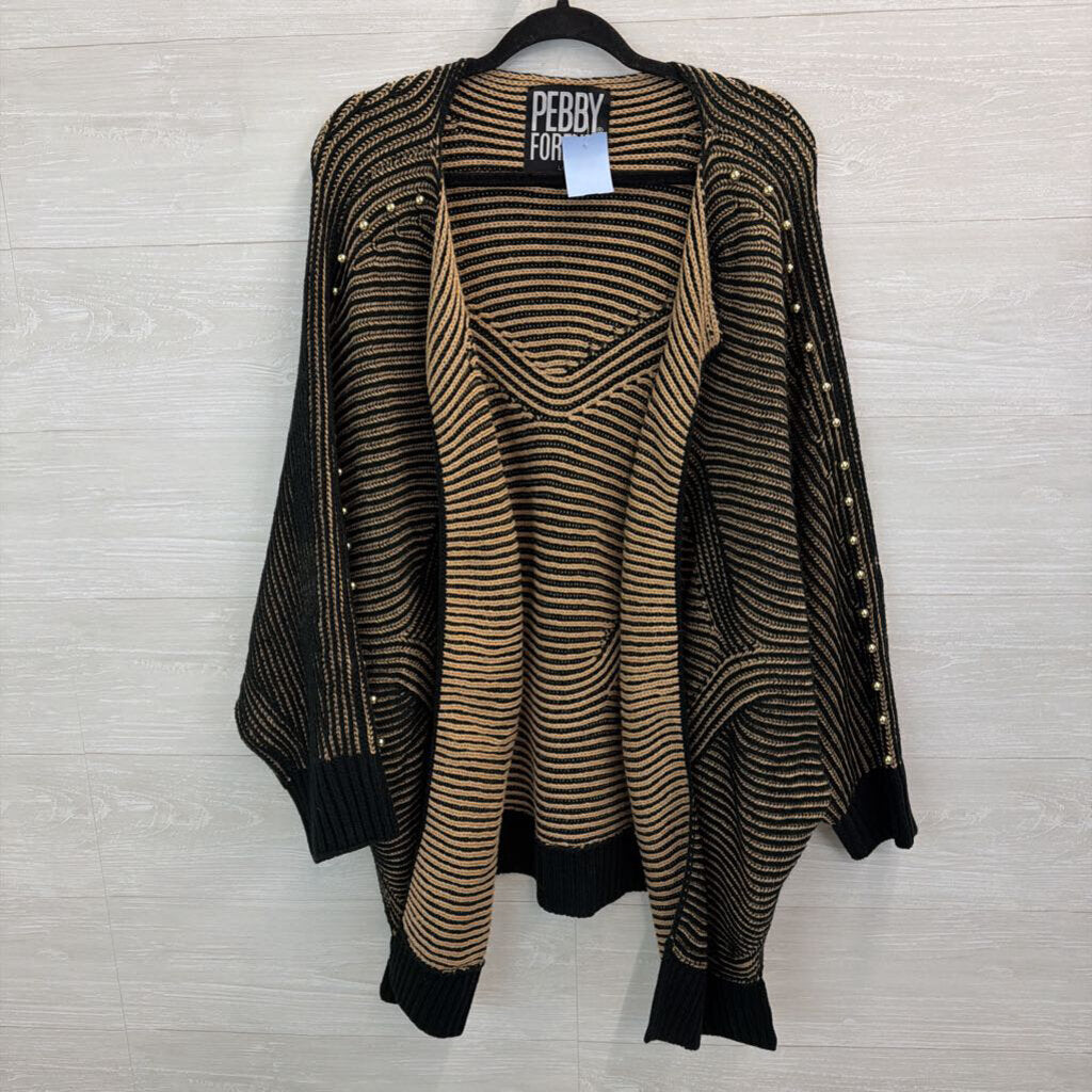 Pebby Forevee Black/ Brown Striped Knit Open Front Cardigan Sweater L/ XL