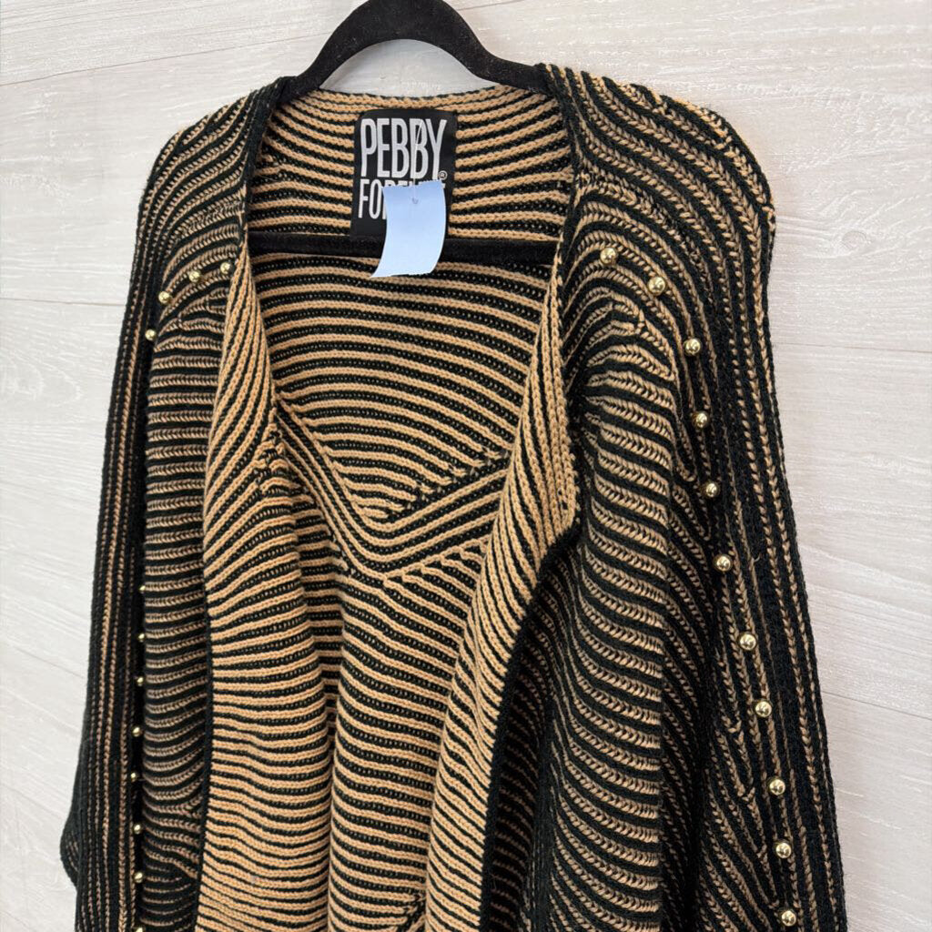 Pebby Forevee Black/ Brown Striped Knit Open Front Cardigan Sweater L/ XL