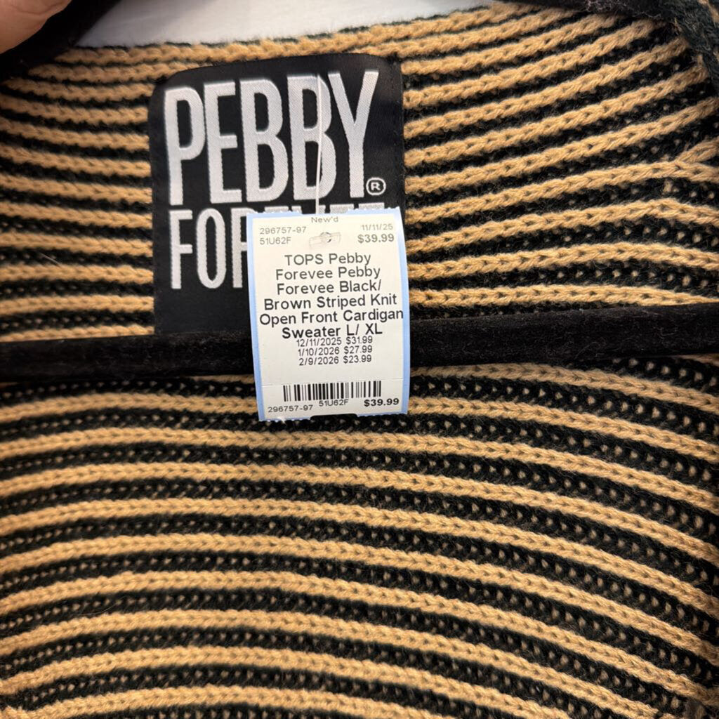 Pebby Forevee Black/ Brown Striped Knit Open Front Cardigan Sweater L/ XL