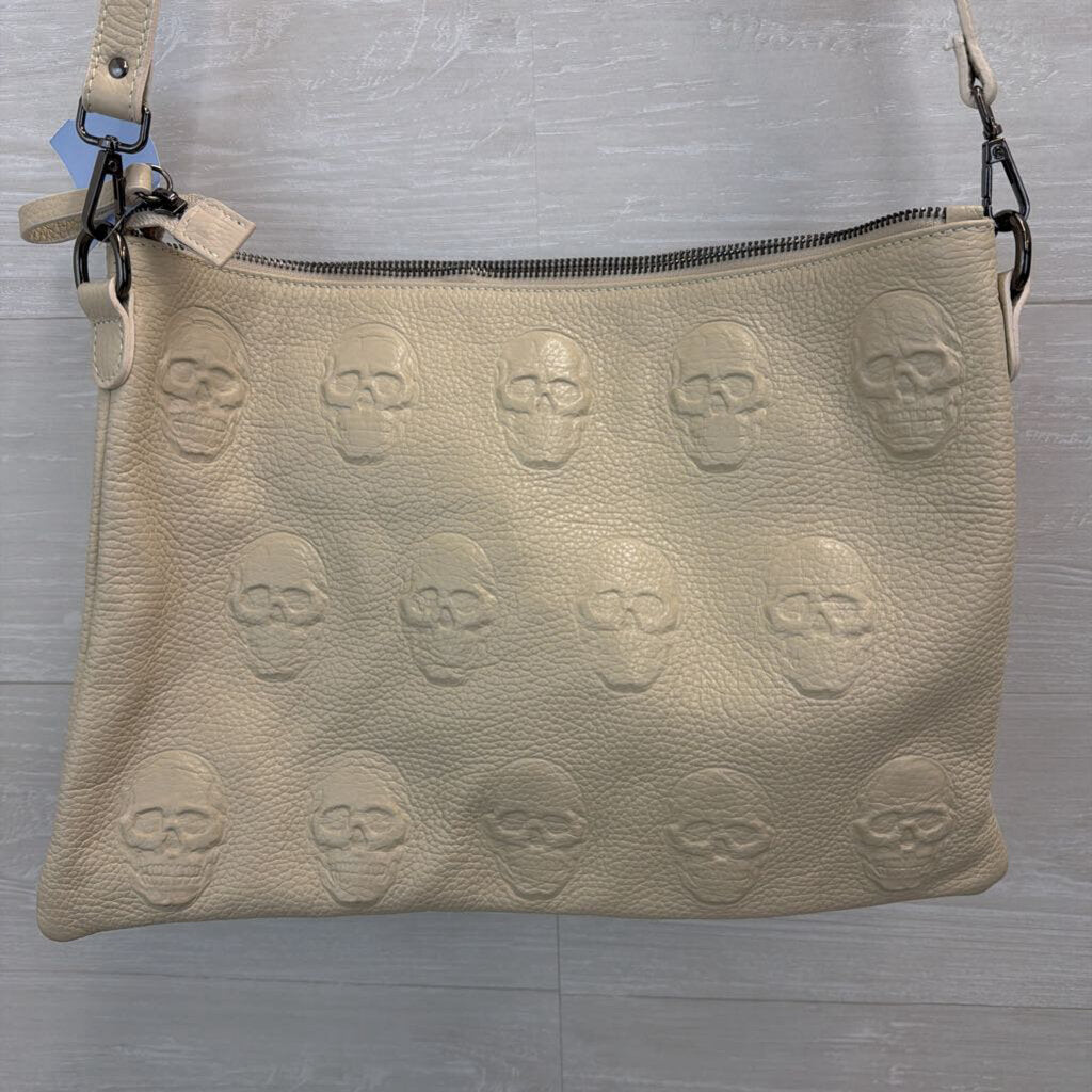 IO Pelle Cream Embossed Skull Leather Crossbody Purse