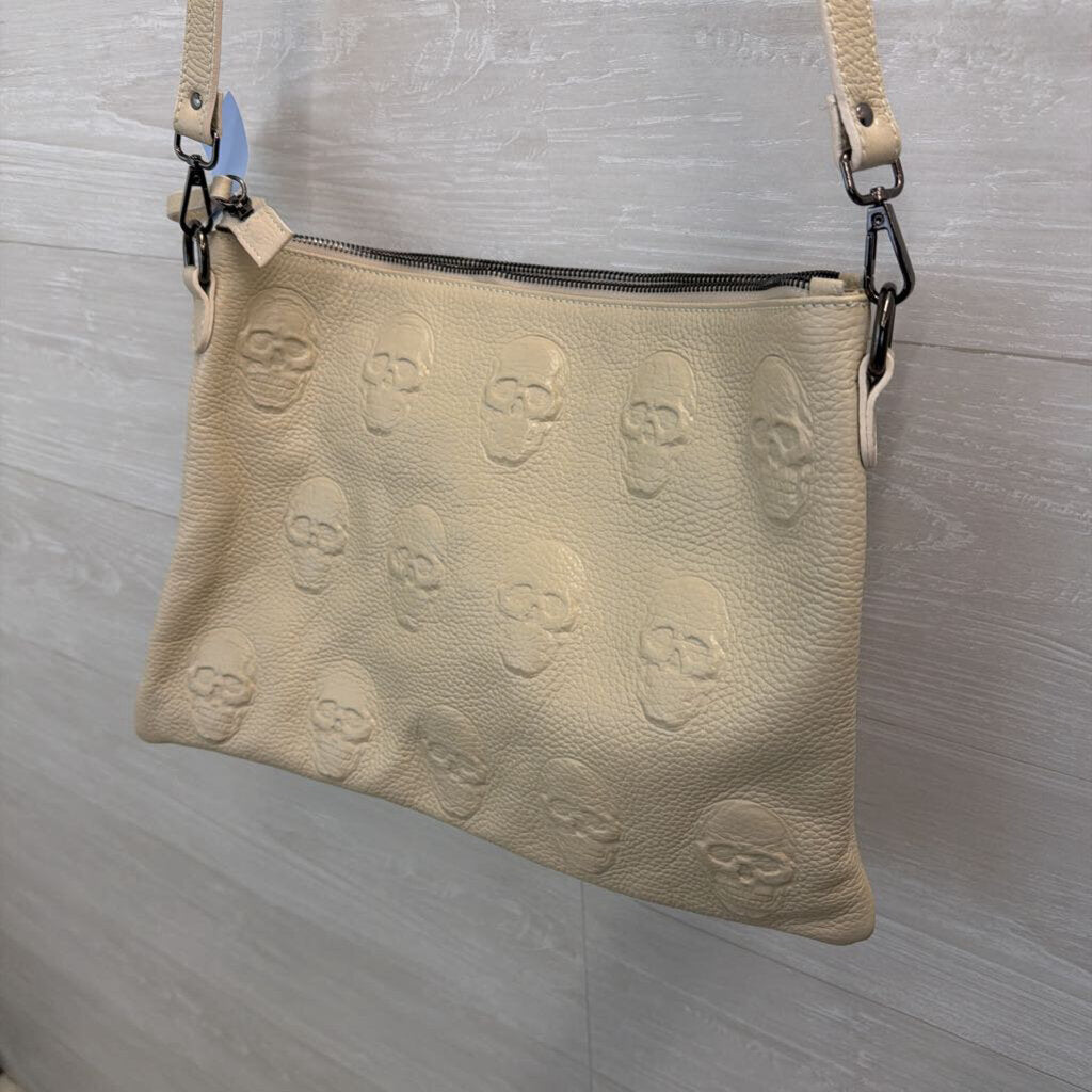 IO Pelle Cream Embossed Skull Leather Crossbody Purse