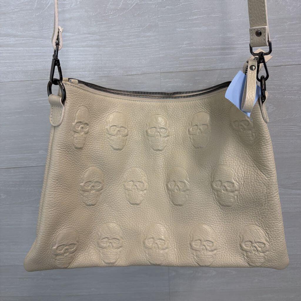 IO Pelle Cream Embossed Skull Leather Crossbody Purse