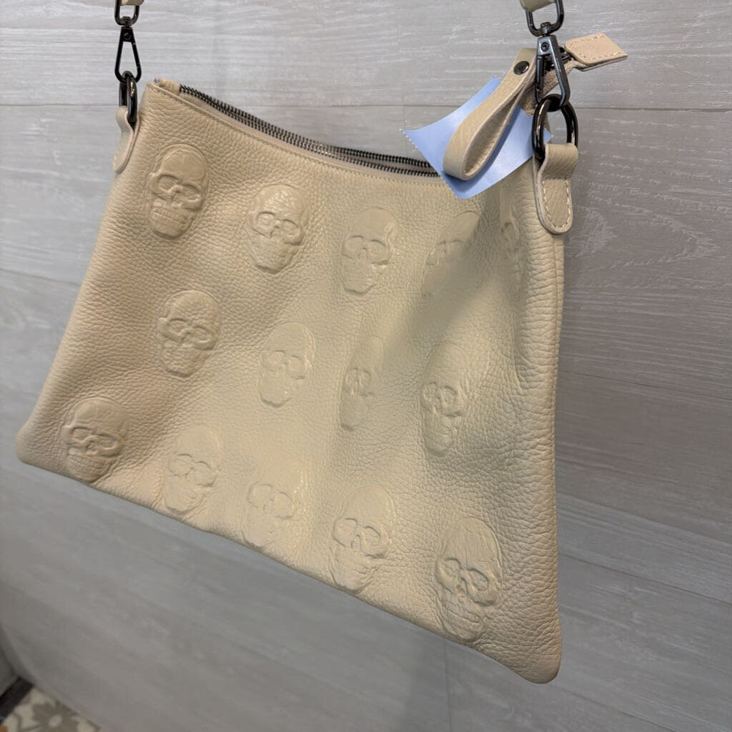 IO Pelle Cream Embossed Skull Leather Crossbody Purse