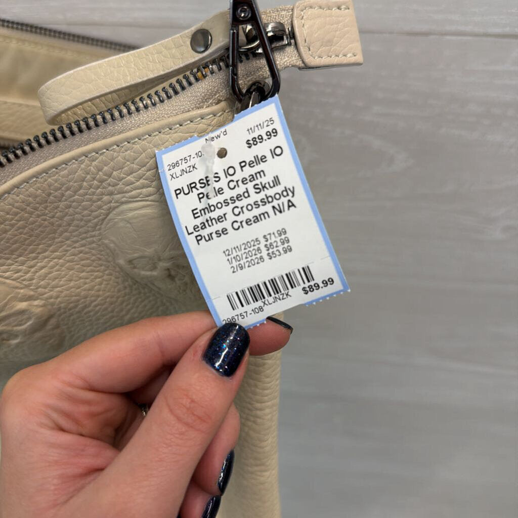 IO Pelle Cream Embossed Skull Leather Crossbody Purse