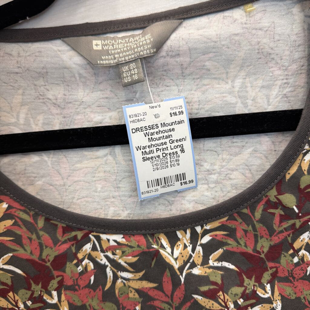 Mountain Warehouse Green/ Multi Print Long Sleeve Dress 16