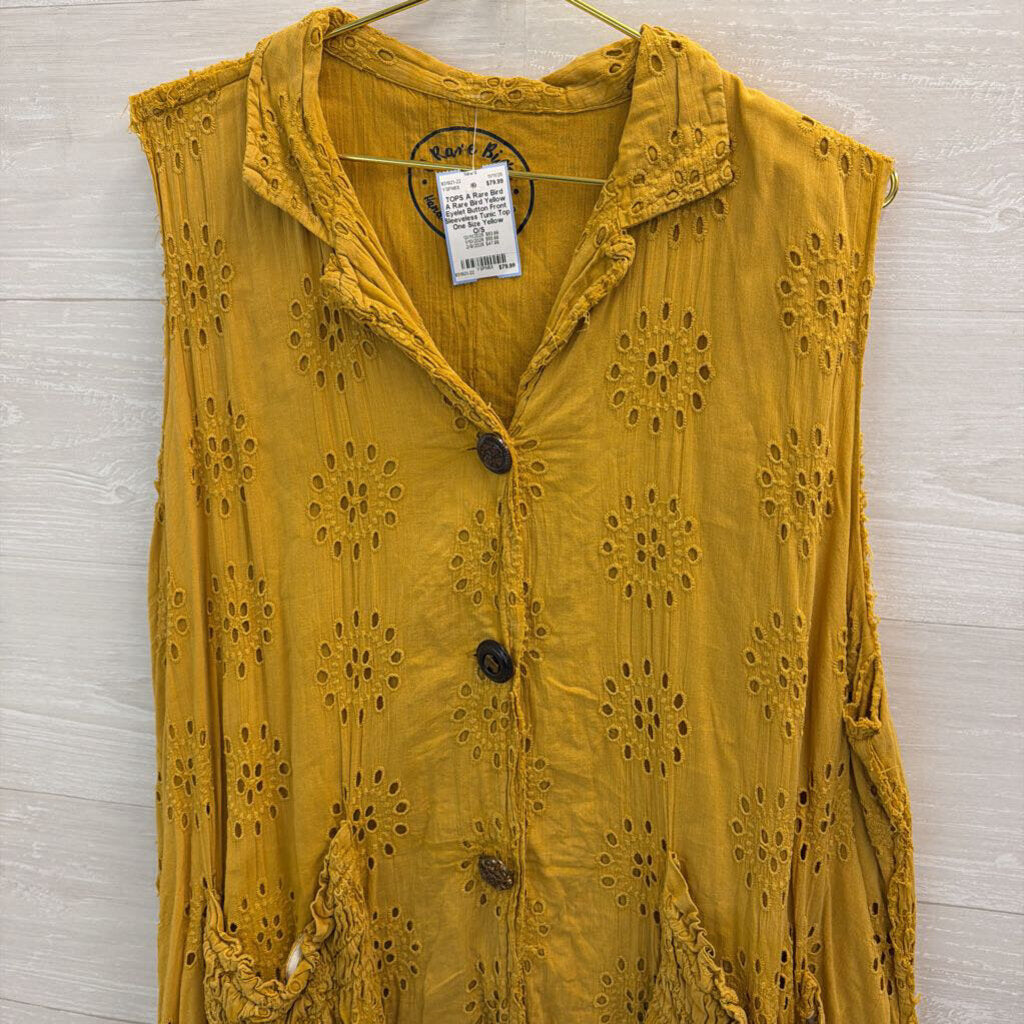 A Rare Bird Yellow Eyelet Button Front Sleeveless Tunic Top One Size