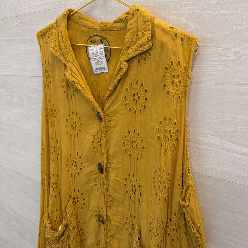 A Rare Bird Yellow Eyelet Button Front Sleeveless Tunic Top One Size