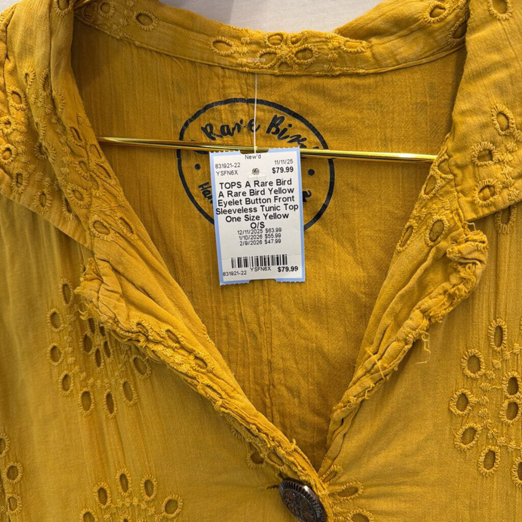 A Rare Bird Yellow Eyelet Button Front Sleeveless Tunic Top One Size
