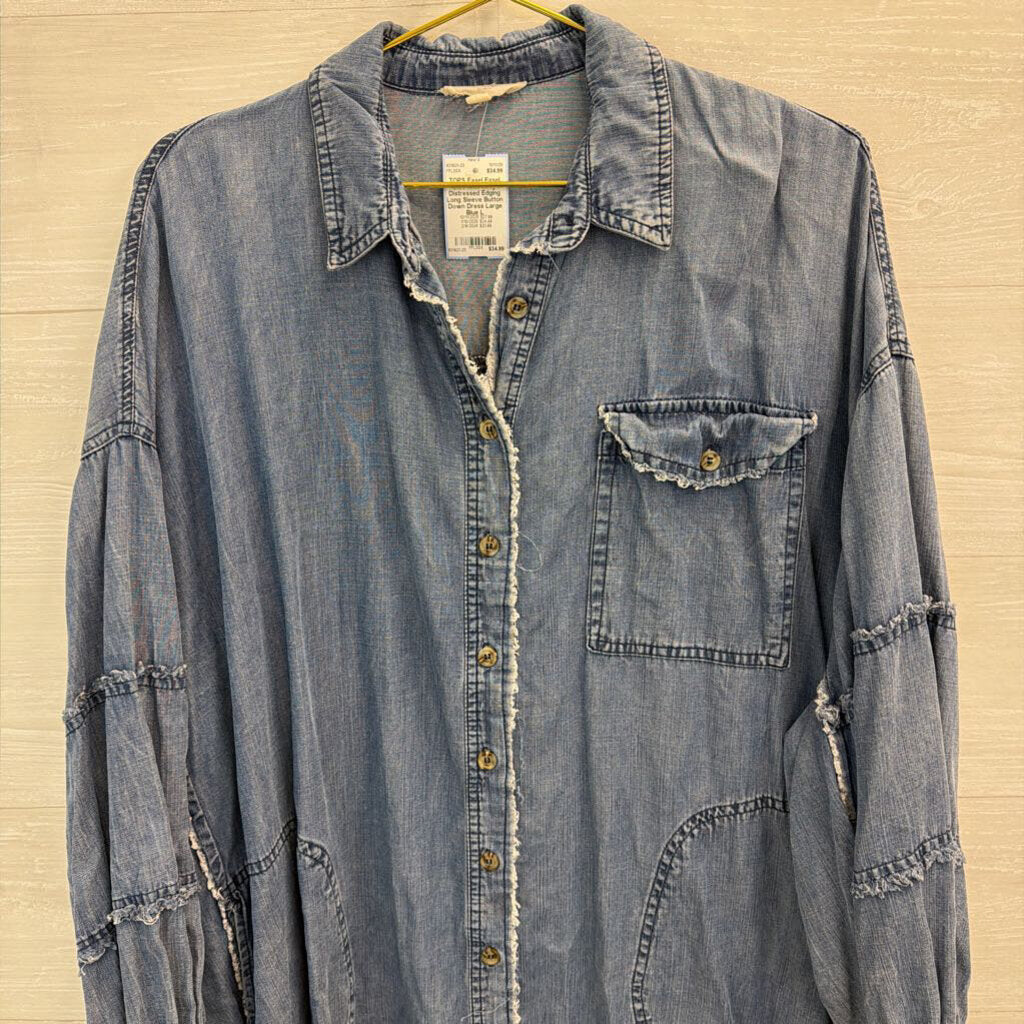 Easel Blue Chambray Distressed Edging Long Sleeve Button Down Dress Large