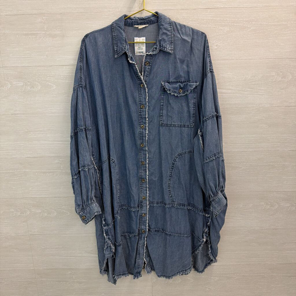 Easel Blue Chambray Distressed Edging Long Sleeve Button Down Dress Large