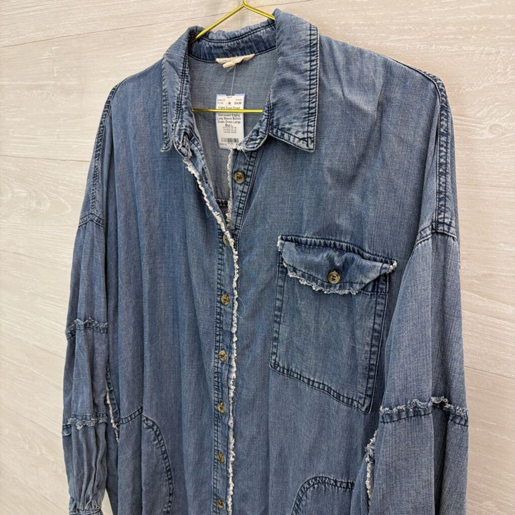 Easel Blue Chambray Distressed Edging Long Sleeve Button Down Dress Large